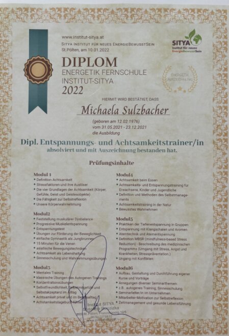 Diplom des Instituts Sitya zur Dipl. Entspannungs- und Achtsamkeitstrainerin